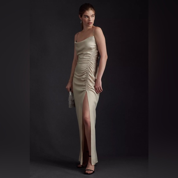 BHLDN Jennings Cowl-Neck Ruched Side-Slit Satin Gown Bridesmaid Dress - Picture 2 of 8